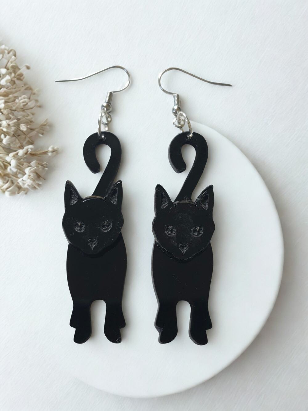 Cat earrings laser cut black acrylic 2.5" dangle drop handmade